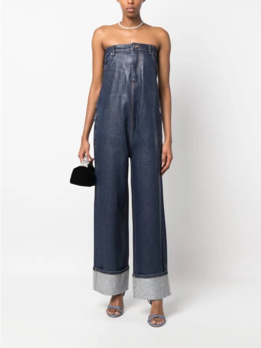 Alexander Wang Coated Denim Crystal Cuff Strapless Jumpsuit Size 00 Indigo